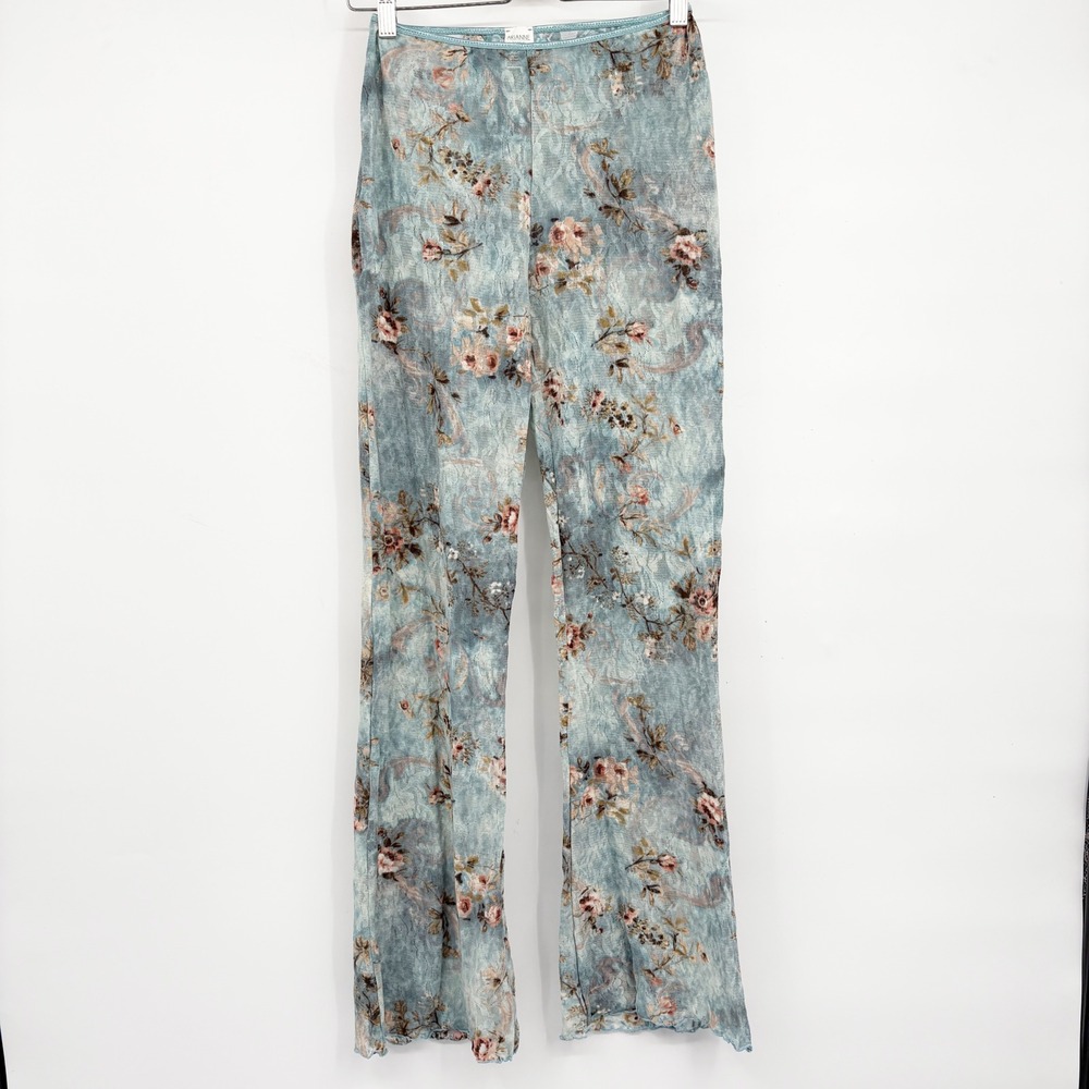 Arianne Womens Y2K Floral Lace Sheer Flare Pants Romantic Fairycore Blue Size M